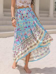 Rusttydustty Falda asimétrica para playa con estampado de flores aleatorio y negro, de estilo bohemio, para festivales musicales - Multicolor - Ver 2