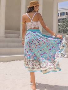 Rusttydustty Falda asimétrica para playa con estampado de flores aleatorio y negro, de estilo bohemio, para festivales musicales - Multicolor - Ver 3