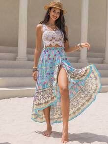 Rusttydustty Falda asimétrica para playa con estampado de flores aleatorio y negro, de estilo bohemio, para festivales musicales - Multicolor - Ver 5