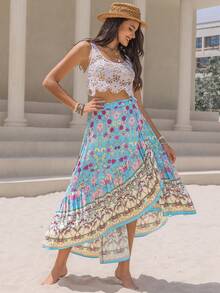 Rusttydustty Falda asimétrica para playa con estampado de flores aleatorio y negro, de estilo bohemio, para festivales musicales - Multicolor - Ver 6