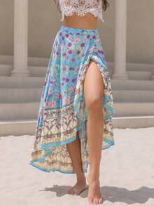 Rusttydustty Falda asimétrica para playa con estampado de flores aleatorio y negro, de estilo bohemio, para festivales musicales - Multicolor - Ver 8