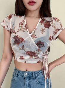 DAZY Floral Print Knot Side Wrap Crop Top - Apricot - View 1
