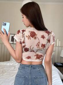 DAZY Floral Print Knot Side Wrap Crop Top - Apricot - View 2