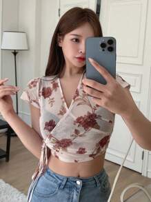 DAZY Floral Print Knot Side Wrap Crop Top - Apricot - View 3