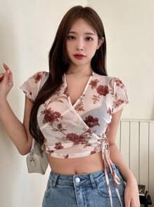 DAZY Floral Print Knot Side Wrap Crop Top - Apricot - View 4