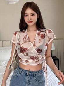 DAZY Floral Print Knot Side Wrap Crop Top - Apricot - View 5