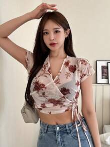 DAZY Floral Print Knot Side Wrap Crop Top - Apricot - View 6