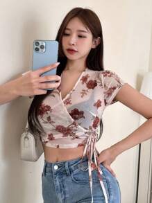 DAZY Floral Print Knot Side Wrap Crop Top - Apricot - View 8