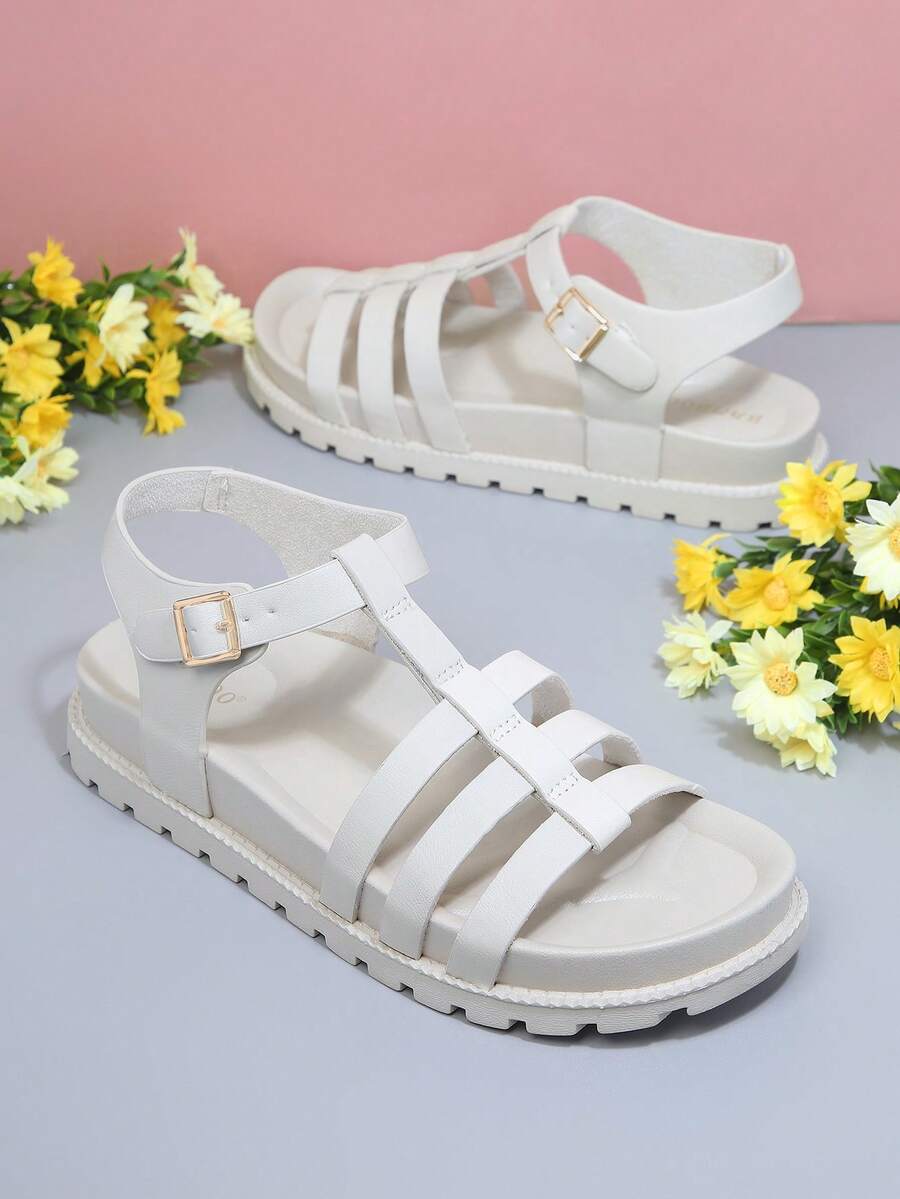 Caged Open Toe Lug Sole Flatform Sandals - Beige - View 1