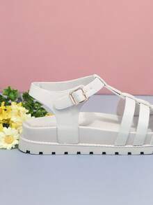 Caged Open Toe Lug Sole Flatform Sandals - Beige - View 4