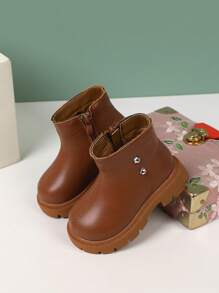 Girls Studded Decor Zip Side Combat Boots For Outdoor - Brown - View 1