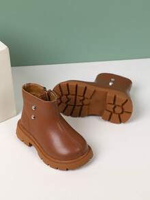 Girls Studded Decor Zip Side Combat Boots For Outdoor - Brown - View 3