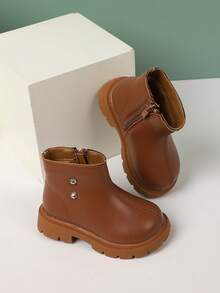 Girls Studded Decor Zip Side Combat Boots For Outdoor - Brown - View 5