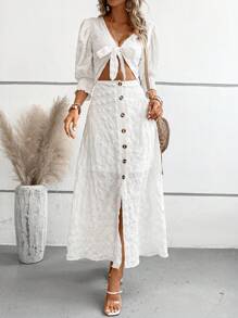 SHEIN LUNE 前打結泡泡袖前打結紐扣細節連衣裙 - 白色 - 查看 2