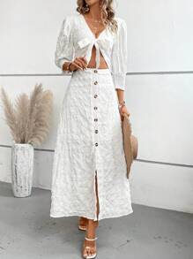 SHEIN LUNE 前打結泡泡袖前打結紐扣細節連衣裙 - 白色 - 查看 4