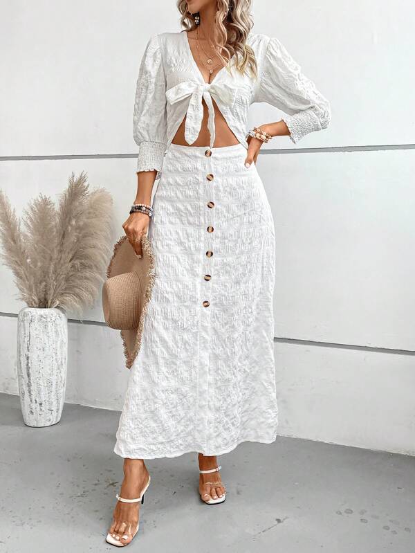 SHEIN LUNE 前打結泡泡袖前打結紐扣細節連衣裙