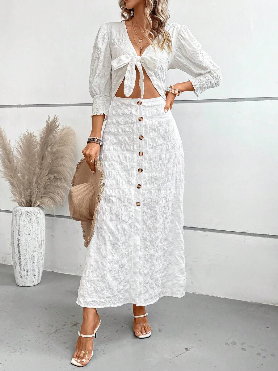 SHEIN LUNE 前打結泡泡袖前打結紐扣細節連衣裙 - 白色 - 查看 1