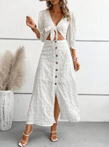 SHEIN LUNE 前打結泡泡袖前打結紐扣細節連衣裙 - 白色 - 查看 5