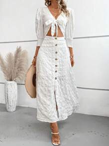 SHEIN LUNE 前打結泡泡袖前打結紐扣細節連衣裙 - 白色 - 查看 6