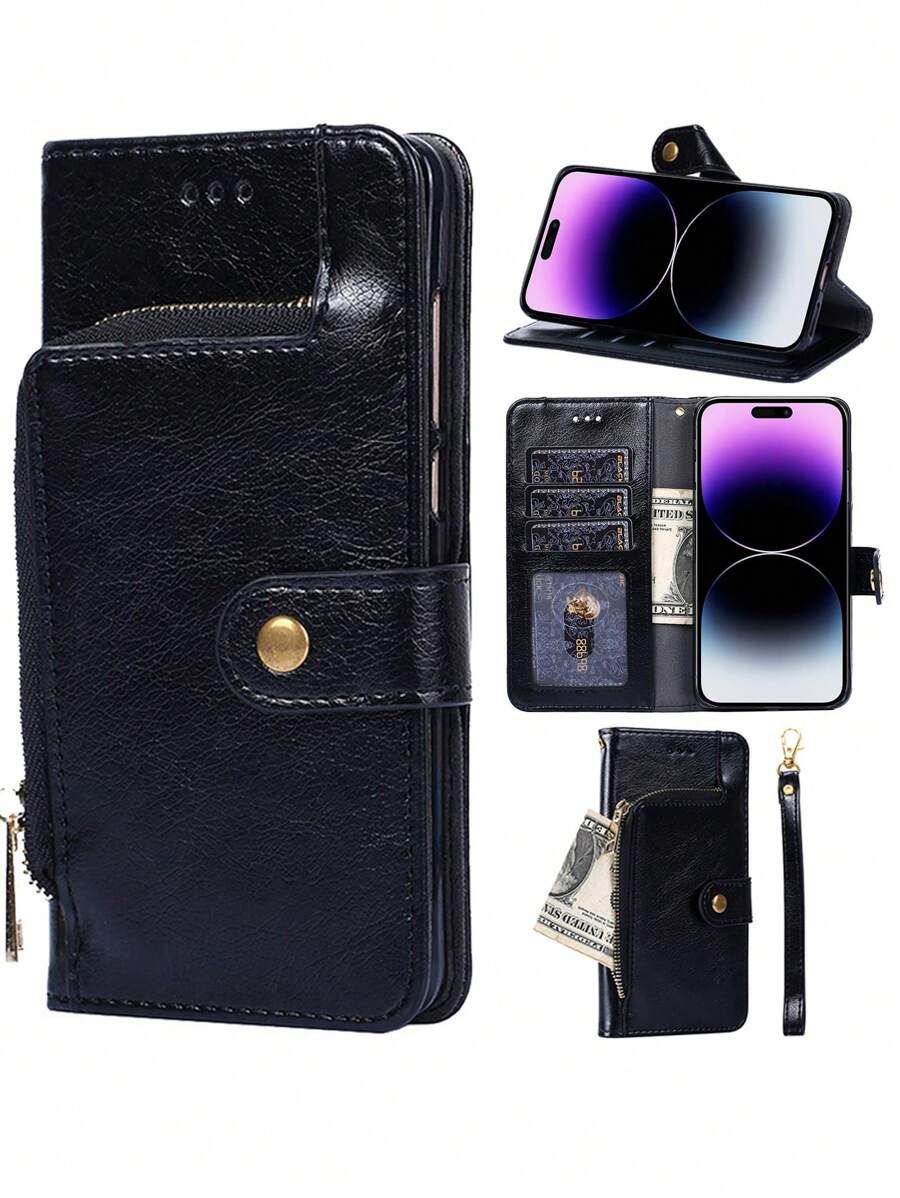 keyunfei 1pc Black Multi-Function Zipper Wallet With Pu Leather Wrist Strap, Flip Cover Card Holder Stand Phone Case Compatible With Samsung, Compatible With Iphone,International Version, Not The Domestic Version