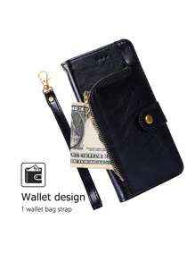 keyunfei 1pc Black Multi-Function Zipper Wallet With Pu Leather Wrist Strap, Flip Cover Card Holder Stand Phone Case Compatible With Samsung, Compatible With Iphone,International Version, Not The Domestic Version - Black - View 4