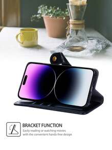 keyunfei 1pc Black Multi-Function Zipper Wallet With Pu Leather Wrist Strap, Flip Cover Card Holder Stand Phone Case Compatible With Samsung, Compatible With Iphone,International Version, Not The Domestic Version - Black - View 7