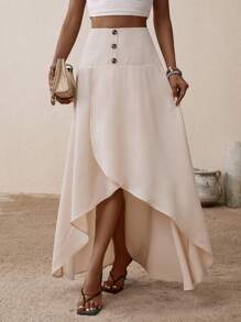 SHEIN VCAY Button Detail Wrap Hem Skirt - Beige - View 1