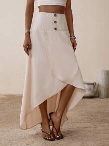 SHEIN VCAY Button Detail Wrap Hem Skirt - Beige - View 4