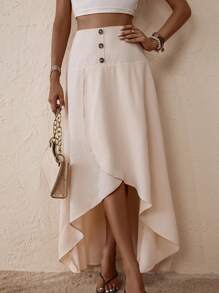 SHEIN VCAY Button Detail Wrap Hem Skirt - Beige - View 5