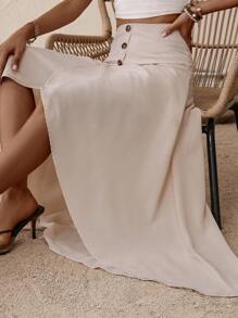 SHEIN VCAY Button Detail Wrap Hem Skirt - Beige - View 6