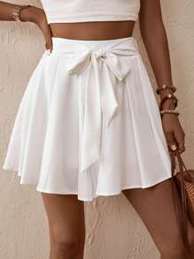 Breezaya Solid Tie Front Wide Leg Shorts - White - View 3
