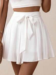 Breezaya Solid Tie Front Wide Leg Shorts - White - View 4