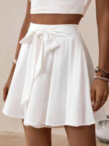 Breezaya Solid Tie Front Wide Leg Shorts - White - View 6