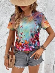 SHEIN LUNE 夏季女式圓領短袖水洗染印花休閒度假t恤 - 彩色 - 查看 2