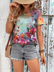 SHEIN LUNE 夏季女式圓領短袖水洗染印花休閒度假t恤 - 彩色 - 查看 3