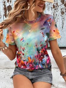 SHEIN LUNE 夏季女式圓領短袖水洗染印花休閒度假t恤 - 彩色 - 查看 4