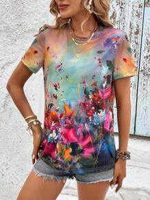 SHEIN LUNE 夏季女式圓領短袖水洗染印花休閒度假t恤 - 彩色 - 查看 6