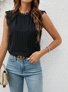 SHEIN Frenchy 女士撞色蕾丝圆领宽松时尚优雅衬衫 - 黑色 - 查看 3