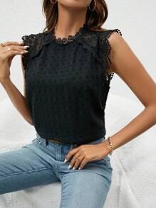 SHEIN Frenchy 女士撞色蕾丝圆领宽松时尚优雅衬衫 - 黑色 - 查看 6
