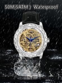 BERNY 1pc Men Water Resistant Round Hollow Dial Mechanical Watch - White - View 3