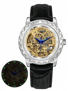 BERNY 1pc Men Water Resistant Round Hollow Dial Mechanical Watch - White - View 6