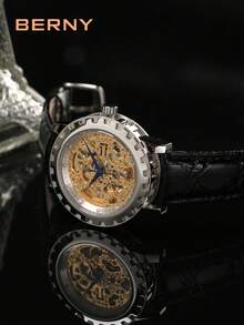 BERNY 1pc Men Water Resistant Round Hollow Dial Mechanical Watch - White - View 8