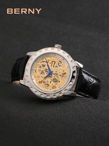 BERNY 1pc Men Water Resistant Round Hollow Dial Mechanical Watch - White - View 9