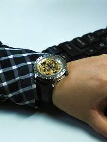 BERNY 1pc Men Water Resistant Round Hollow Dial Mechanical Watch - White - View 10