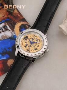 BERNY 1pc Men Water Resistant Round Hollow Dial Mechanical Watch - White - View 11