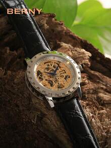 BERNY 1pc Men Water Resistant Round Hollow Dial Mechanical Watch - White - View 12