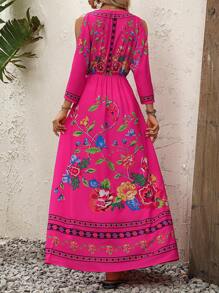 Breezaya Floral Print Cold Shoulder Split Thigh Dress - Hot Pink - View 2