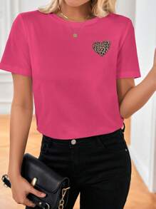 SHEIN Frenchy Áo thun nữ Tim In hoa Báo Giải trí - Màu Hồng Tươi - Xem 1