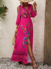 Breezaya Floral Print Cold Shoulder Split Thigh Dress - Hot Pink - View 4