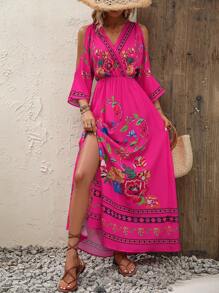 Breezaya Floral Print Cold Shoulder Split Thigh Dress - Hot Pink - View 5